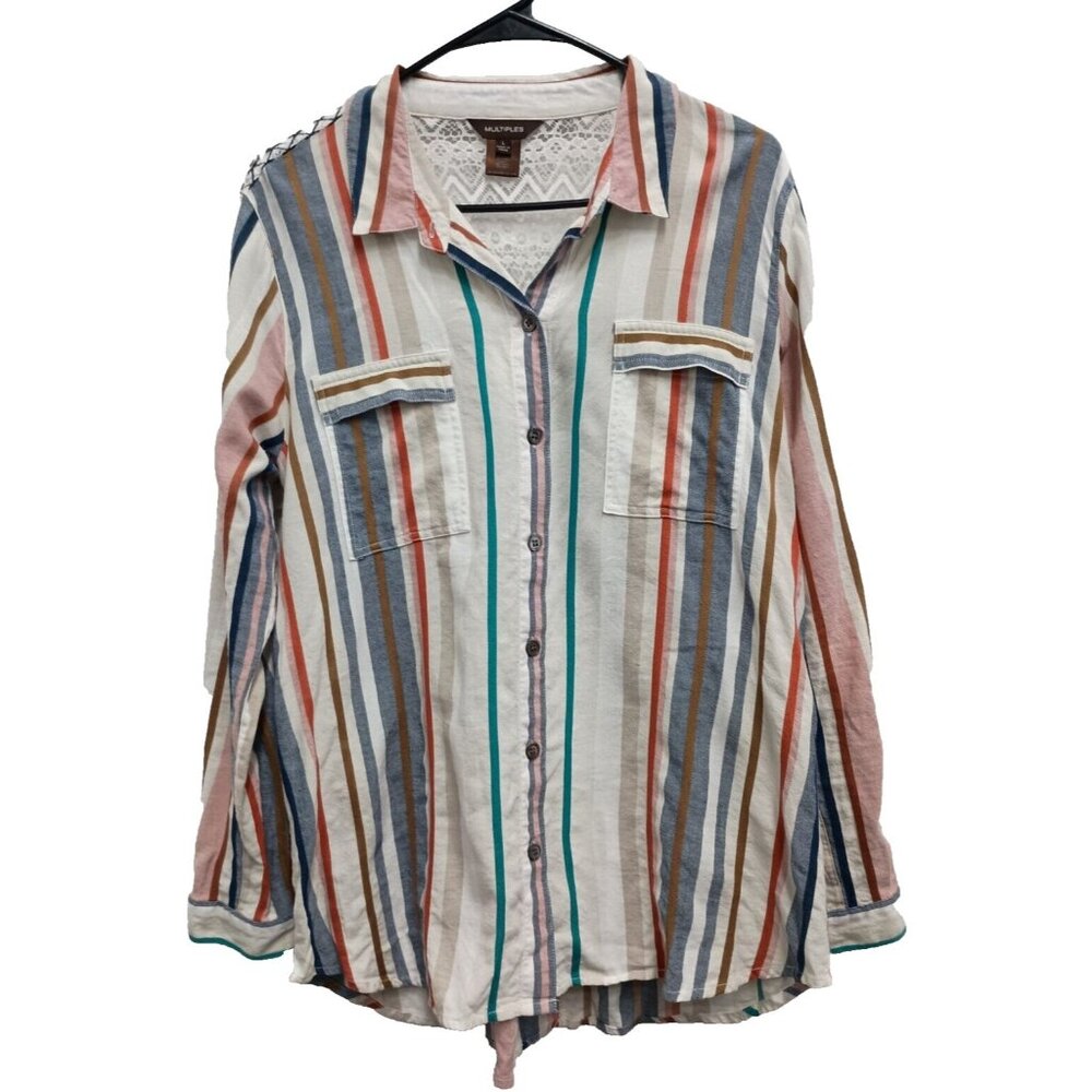 Multiples Lagenlook BOHO Top Womens Large Striped Lace Detail Long Sleeve Casual